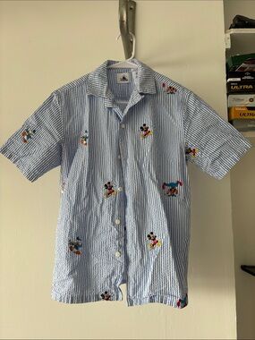Disney World Blue Striped Short Sleeve Button-Up Shirt with Character Embroidery